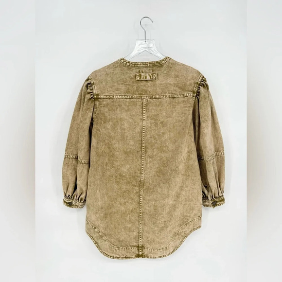 Ulla Johnson Wesley Cotton Denim Tunic Mini Dress 0 Oasis Khaki Balloon Sleeve - Picture 7 of 15